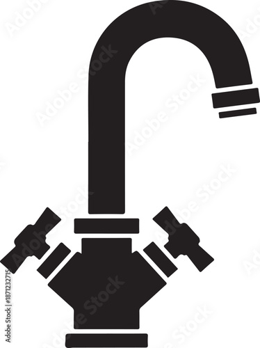 A black and white icon of a faucet with two handles