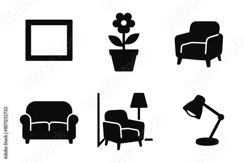 Minimalist home decor icons: furniture, plants, and lighting silhouettes