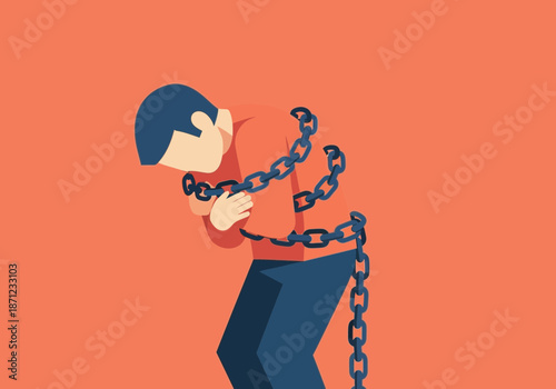 Person struggling with chains wrapped around their body.