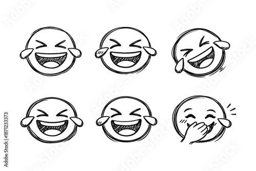 Hand drawn laughing emoji set: expressive faces with tears of joy and laughter