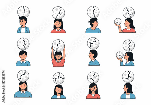 People holding or balancing clocks on their heads, some cracked.