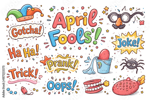 April fools day fun with colorful pranks and cartoon elements