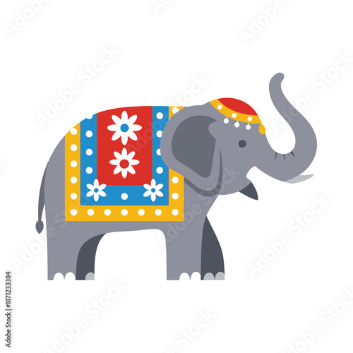 Decorated elephant with colorful blanket and headdress.