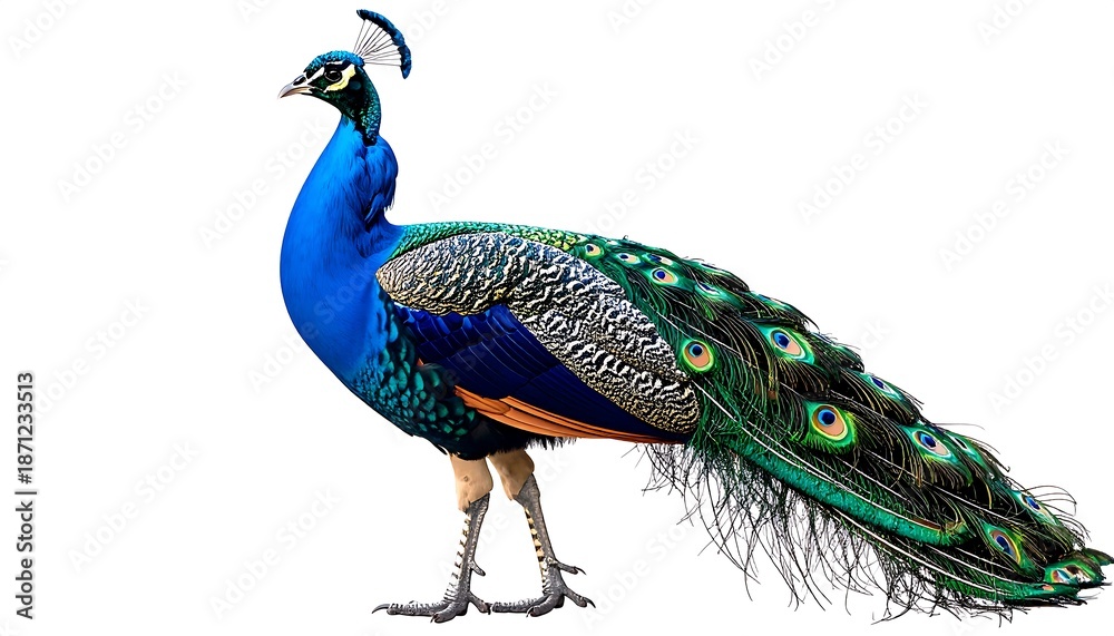 Obraz premium Majestic Peacock Displaying Vibrant Plumage in a Captivating Portrait.