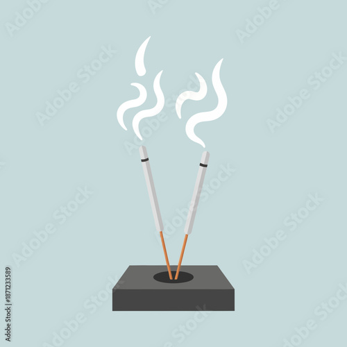 Two incense sticks burning with smoke rising from a holder.
