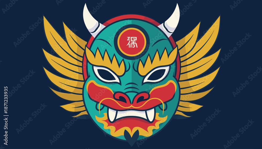 Naklejka premium Vibrant Korean Hahoe Mask with Dragon-like Features and Golden Wings.