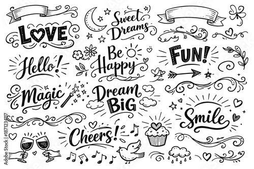 Hand-drawn inspirational phrases and decorative elements in black and white