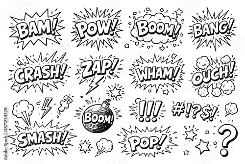 Comic book style sound effect words in black and white