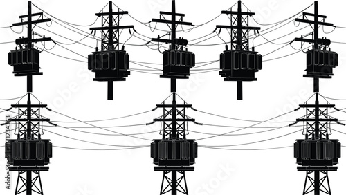 Multiple electrical power transformers on utility poles in silhouette electricity wires
