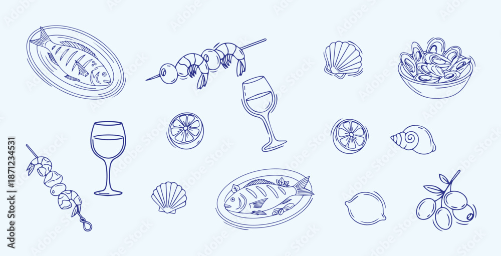 Fototapeta premium Seafood Line Icons Set with Fish, Shrimp Skewers, Mussels, Wine and Lemons | Mediterranean Seafood Vector Pack – Hand Drawn Fish, Shells, Olives and Glasses