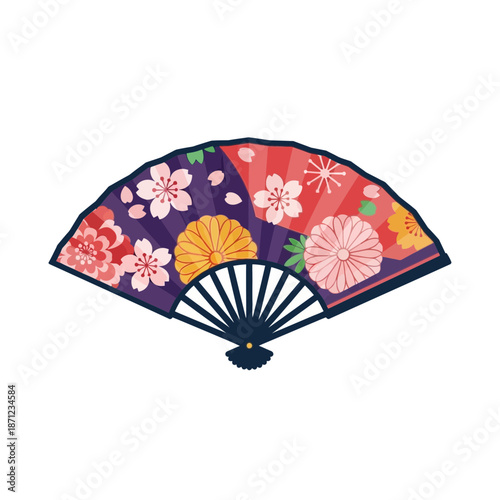 Colorful folding fan with floral patterns and cherry blossoms.