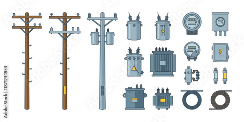 Electricity grid components illustrating power infrastructure and distribution