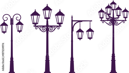 Set of four purple silhouette street lamps with ornate designs lamp post decorative