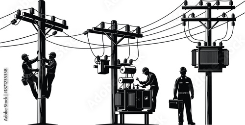 Silhouette of electricians working on power lines and transformer utility pole worker