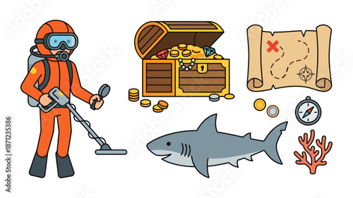 Diver searching for treasure near shark, map, and gold