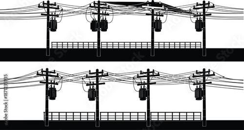 Silhouette of power poles with transformers and overhead wires on white background electricity utility pole