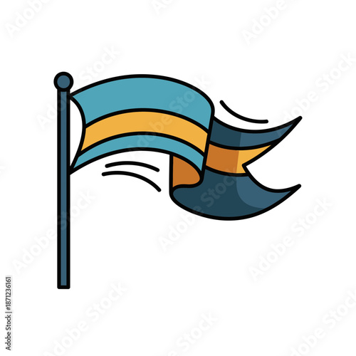 A flag on a pole with blue yellow and dark blue stripes.