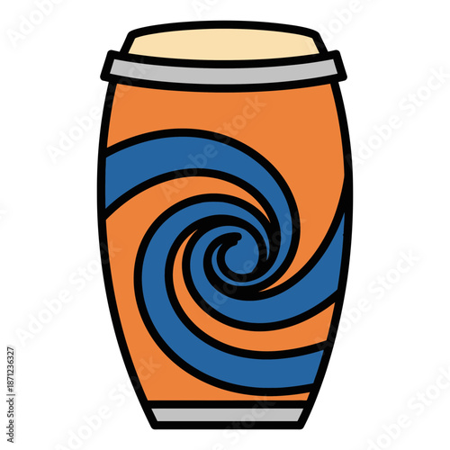 A single conga drum with orange and blue swirling pattern.