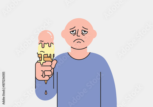 Sad person holding a melting ice cream cone.