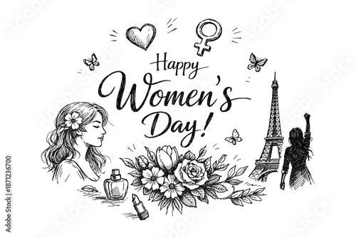 Happy women's day: floral and feminine parisian celebration in sketch style