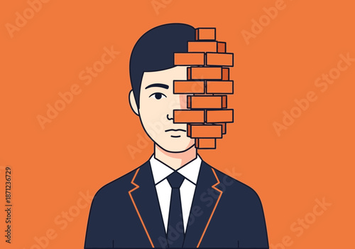 Man with half face replaced by brick wall illustration.