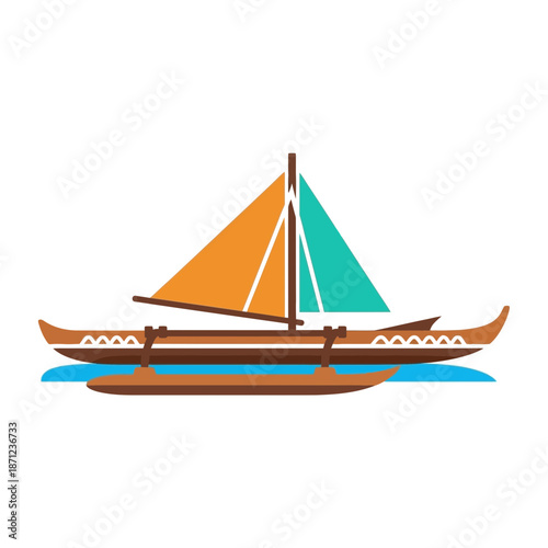 Outrigger canoe with colorful sails floats on water.