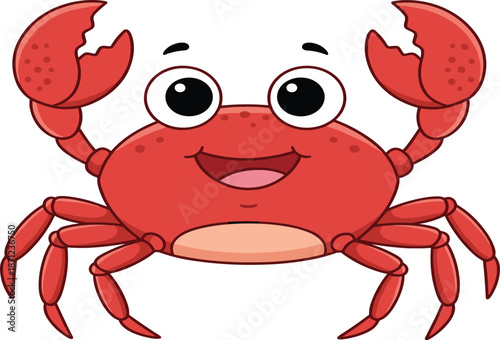 Cartoon crab, cute sea creature, cheerful character, marine wildlife, children’s illustration, vector art, happy face, ocean theme, smiling animal