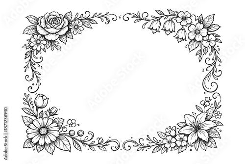 Elegant black and white floral frame with roses and lilies in intricate hand-drawn style