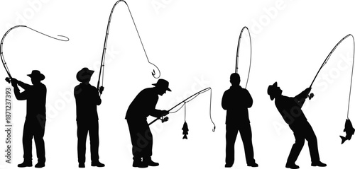Silhouette sequence of fishermen in various poses with rods, casting lines, catching fish, dynamic outdoor fishing activity and technique illustration