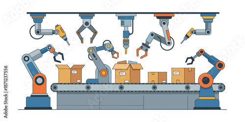 Robot arms automating manufacturing process on assembly line