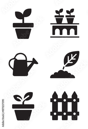 Black of plants in pots and gardening tools white