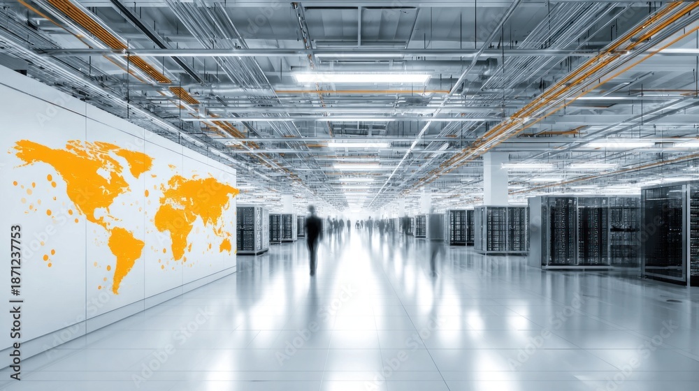 Fototapeta premium Wide corridor in a modern data facility featuring neatly arranged server racks and illuminated pathways, showcasing advanced technology and infrastructure