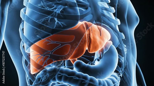 Anatomical illustration of human liver and internal organs in body