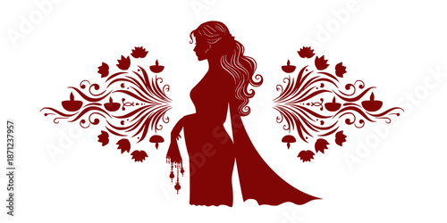 Elegant Woman Silhouette with Floral Ornament, Fashion and Beauty Concept Art