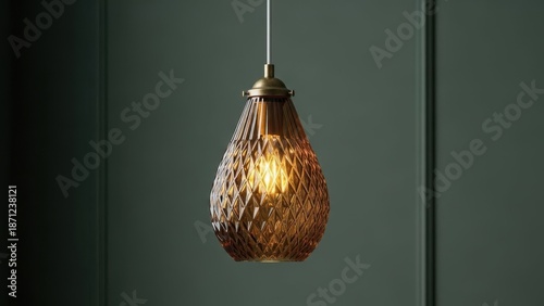 Elegant pendant light with warm glow against dark green wall
