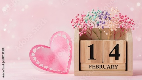 Valentine's Day celebration with wooden calendar and flowers
