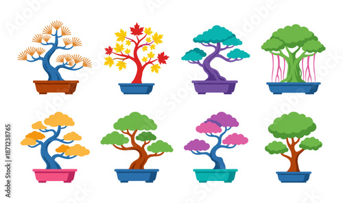 Bonsai trees diverse set in colorful flat illustration