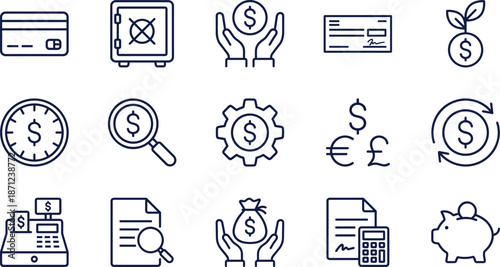 Financial and Banking Line Icon Set Featuring Currency Exchange Investment Savings Money Management Business Accounting Payment Security and Global Capital Growth