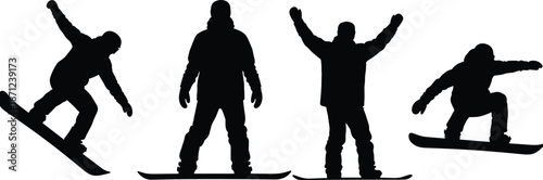 Silhouette sequence of snowboarders in varied poses, performing tricks, standing, jumping, celebrating, dynamic winter sports action and snowboarding technique illustration
