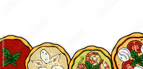 Whimsical vector illustration of four diverse gourmet pizzas, including Margherita, shrimp, and pear with cheese, with vibrant toppings.
