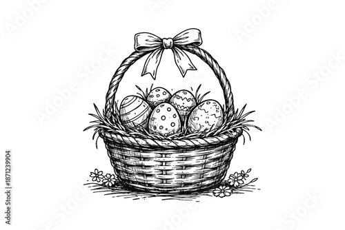 Hand drawn basket with easter eggs and flowers in black and white