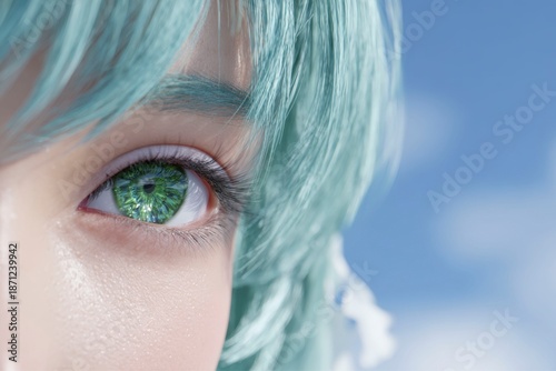 closeup of the eye of an anime girl with teal hair, with a reflection in her green eyes, against a blue sky background.