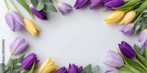colorful tulips frame the border on a white background. purple and yellow tulip flowers are arranged in a circular shape, creating a floral composition suitable for a mother's day card design.