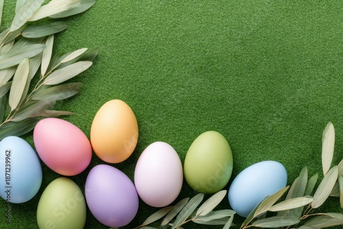 colorful easter eggs on green grass with willow leaves. a banner for easter celebration, with copy space.