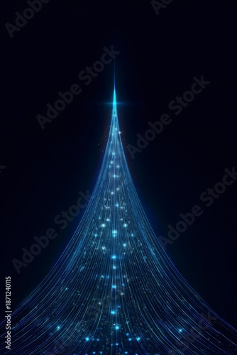 futuristic christmas tree made of glowing blue lines on a dark background