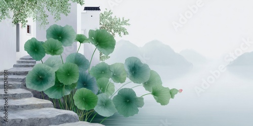 traditional chinese painting shows lotus leaves on a stone path leading to white-walled buildings by the water's edge. the background is misty and tranquil, with a light gray color.
