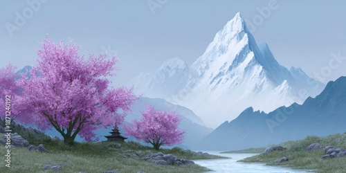 an alpine valley with cherry blossom trees. in front of it stands a small temple, and behind them is a snow capped mountain peak. a river flows through the scene