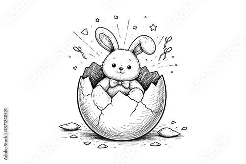 Hand drawn baby bunny in eggshell with stars and balloons for easter