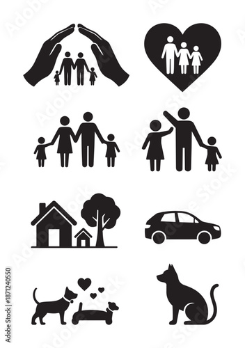 Black silhouettes of family members and pets with house car and heart people children