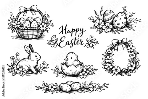 Hand drawn easter designs with eggs, flowers, bunny, and chick